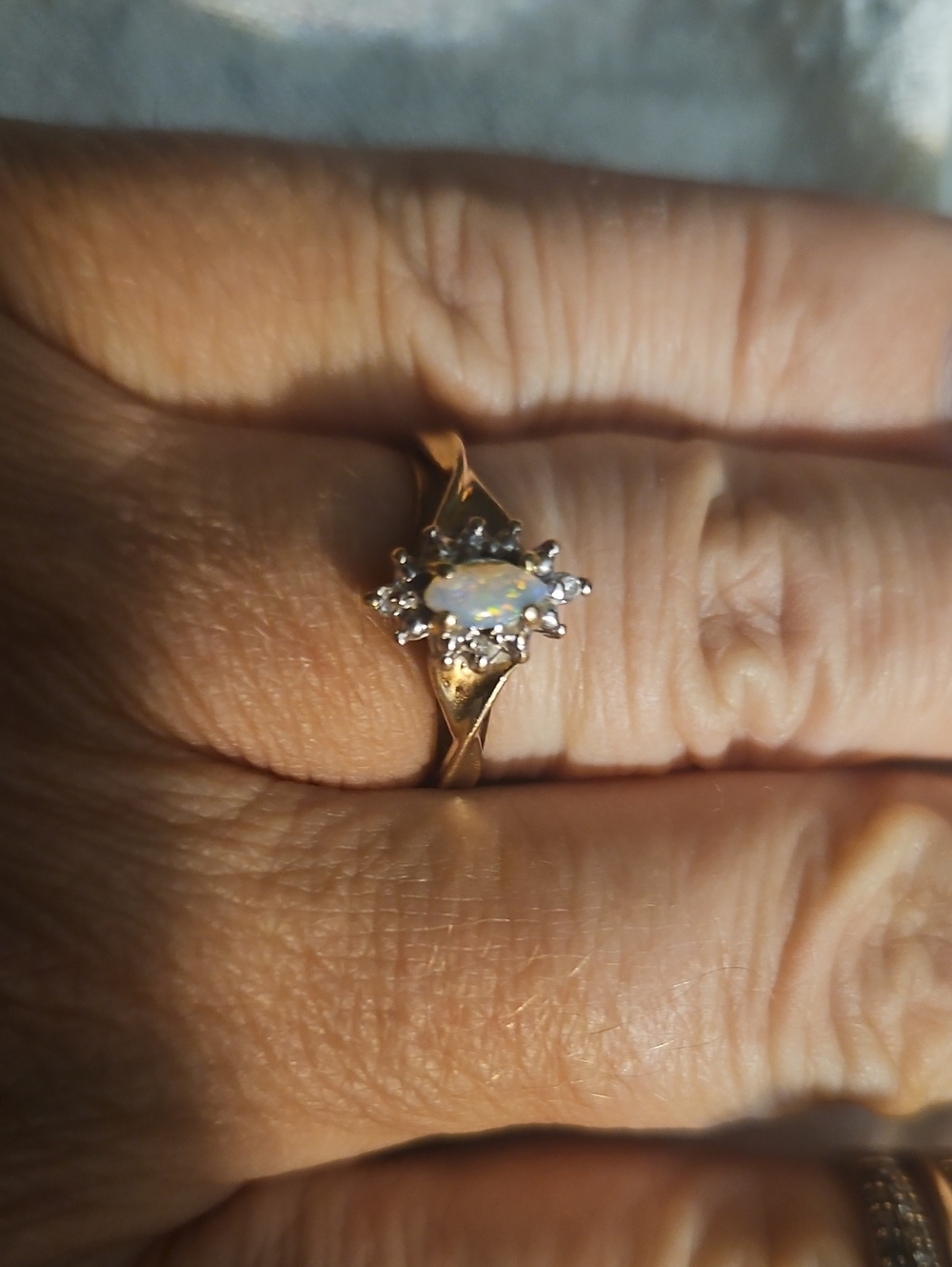 10K Gold Opal Halo Ring - White Opal and Diamond Accents
